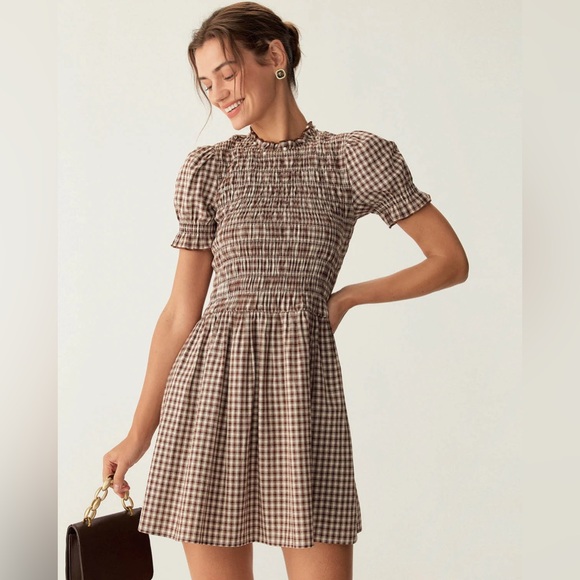 RIHOAS Dresses & Skirts - RIHOAS Coffee Plaid Puffed Sleeve Mini Dress